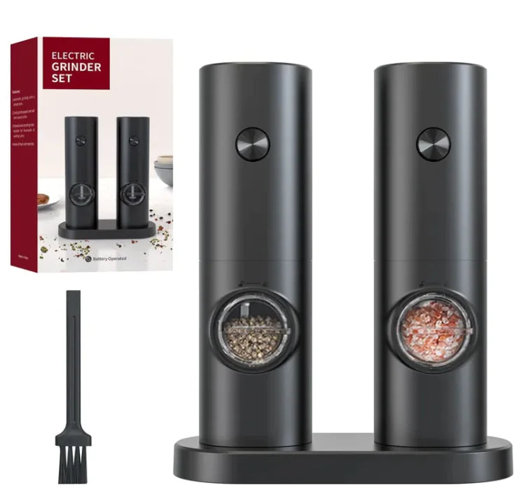 Black electric pepper and salt grinder set with packaging on a white background